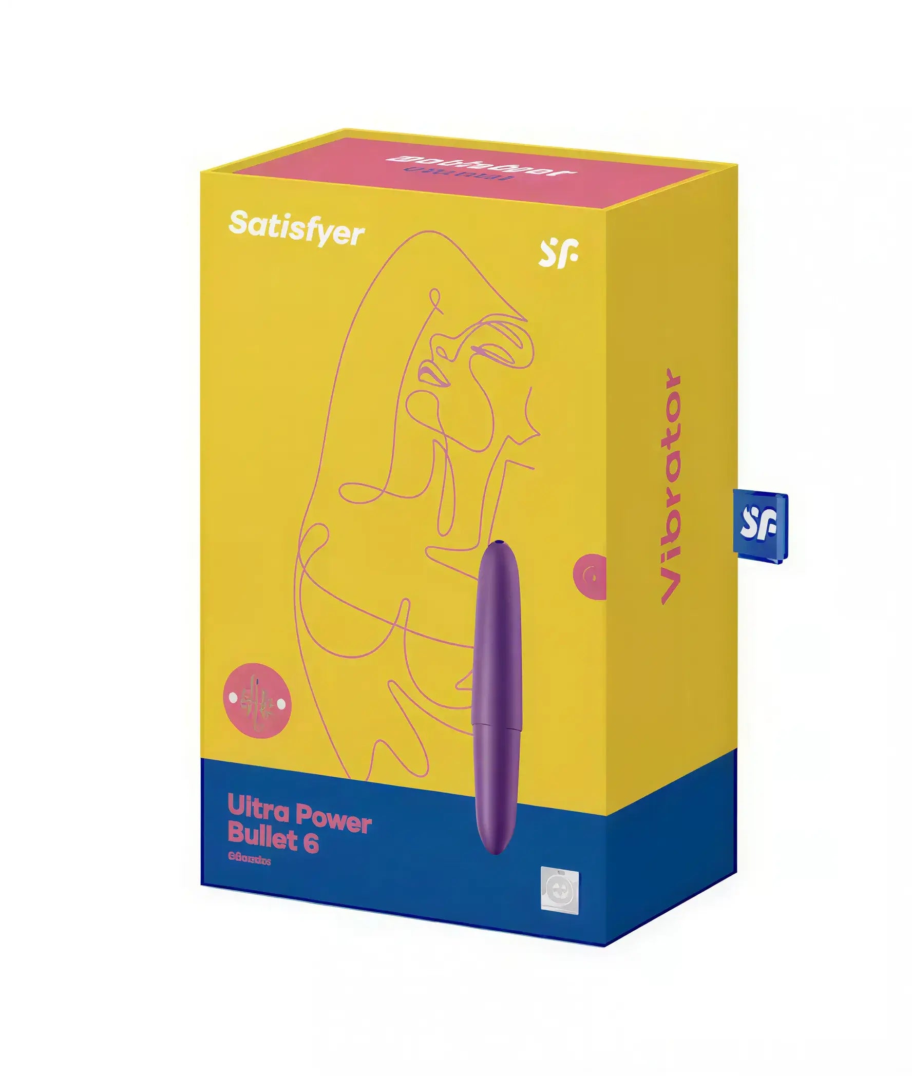 Satisfyer Ultra Power Bullet 6 vibrator packaging in yellow with purple accents and line art design.