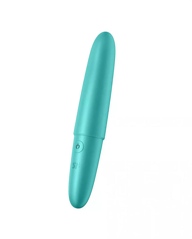 Satisfyer Ultra Power Bullet 6 in teal, featuring a smooth, elongated design with a power button on the side.