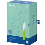 Satisfyer Ultra Power Bullet 7 packaging in green and white with a minimalist design and a vibrant yellow accent.