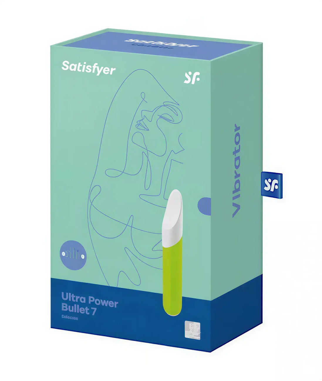 Satisfyer Ultra Power Bullet 7 packaging in green and white with a minimalist design and a vibrant yellow accent.