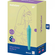 Satisfyer Ultra Power Bullet 8 vibrator in teal packaging with abstract line art and Bluetooth compatibility details.