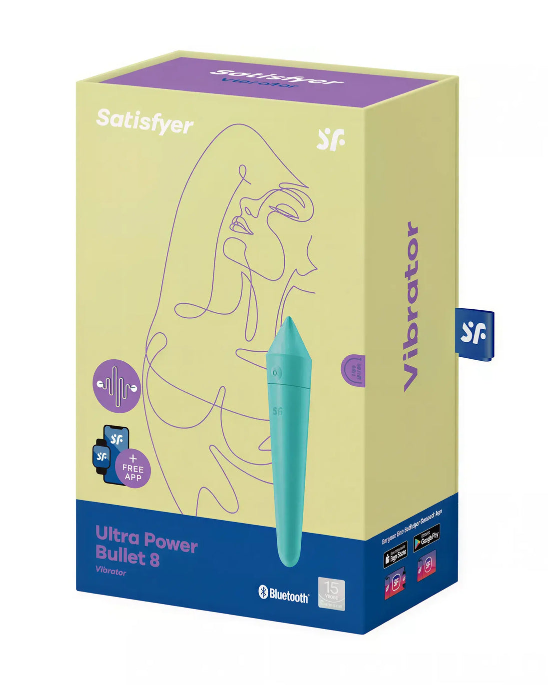 Satisfyer Ultra Power Bullet 8 vibrator in teal packaging with abstract line art and Bluetooth compatibility details.