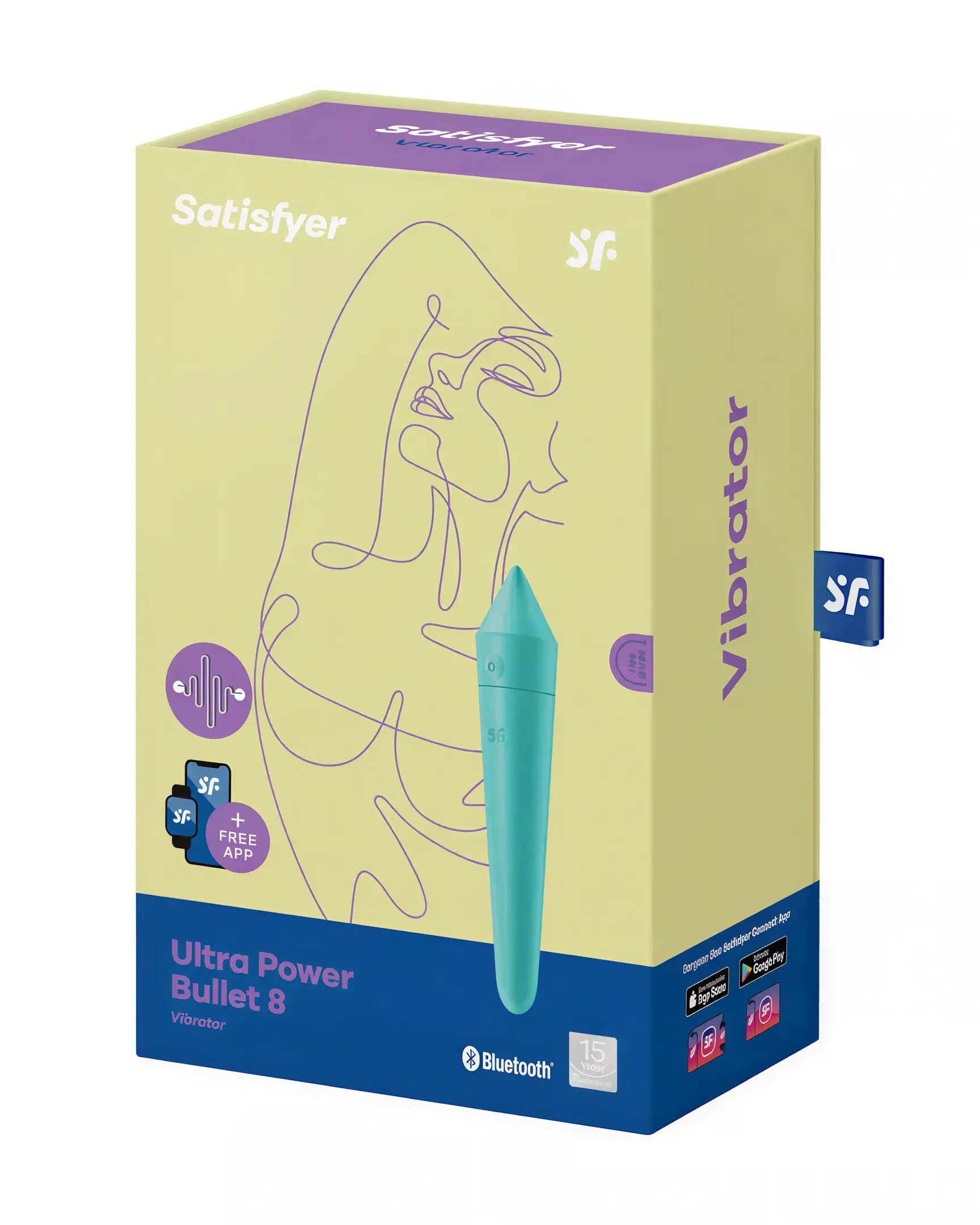 Satisfyer Ultra Power Bullet 8 vibrator in teal packaging with abstract line art and Bluetooth compatibility details.