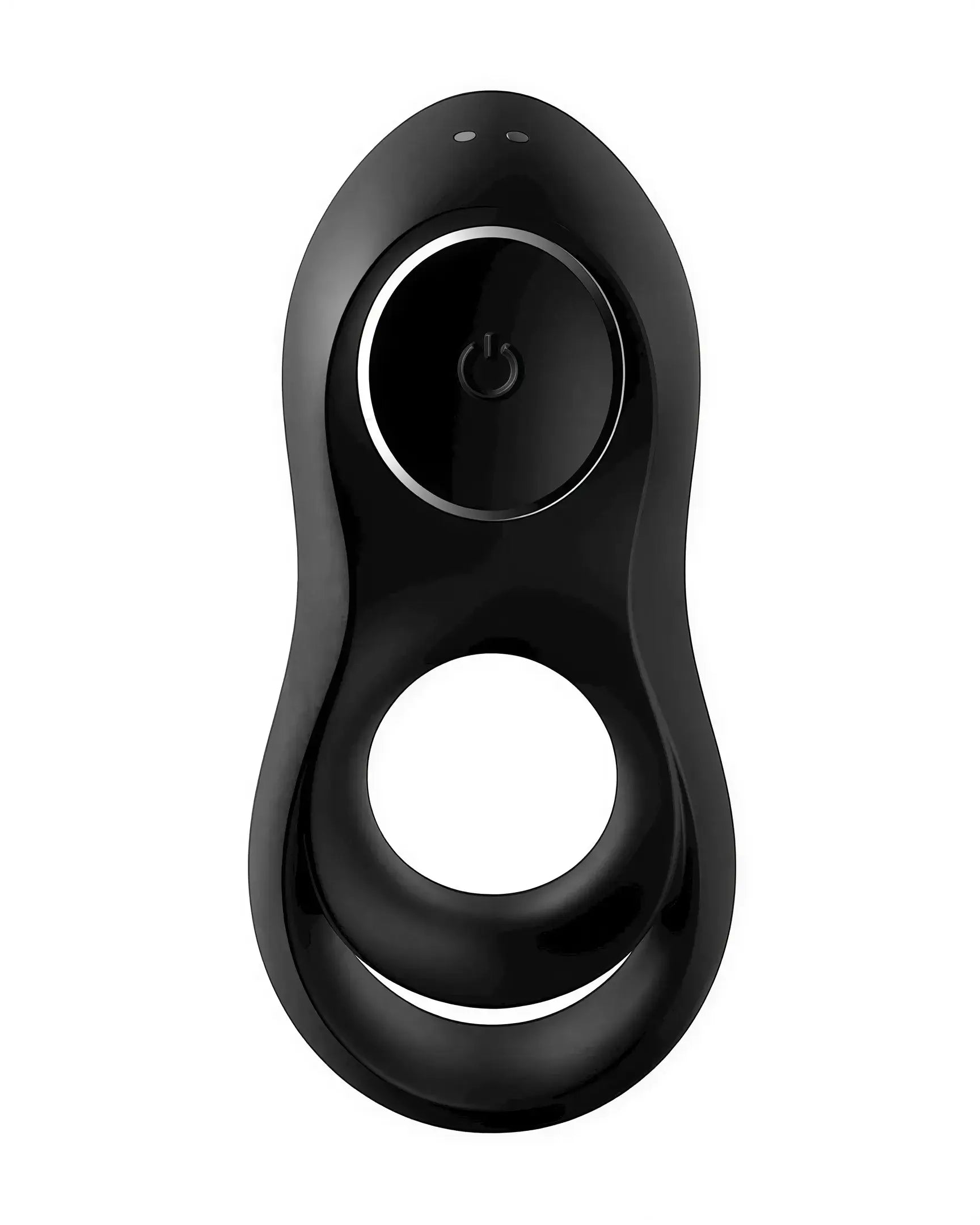 Satisfyer Legendary Duo Ring Vibrator in black, featuring a circular design with a power button and dual rings.