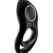 Satisfyer Legendary Duo Ring Vibrator in black, featuring a smooth design and a power button on the side.