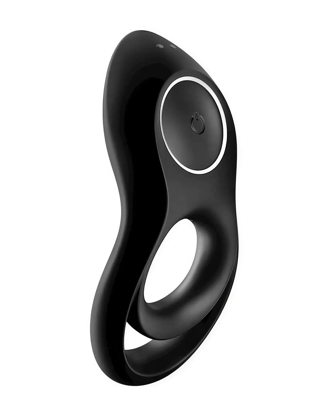 Satisfyer Legendary Duo Ring Vibrator in black, featuring a smooth design and a power button on the side.