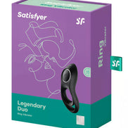 Satisfyer Legendary Duo ring vibrator packaging in purple with black accents and a teal pull tab.