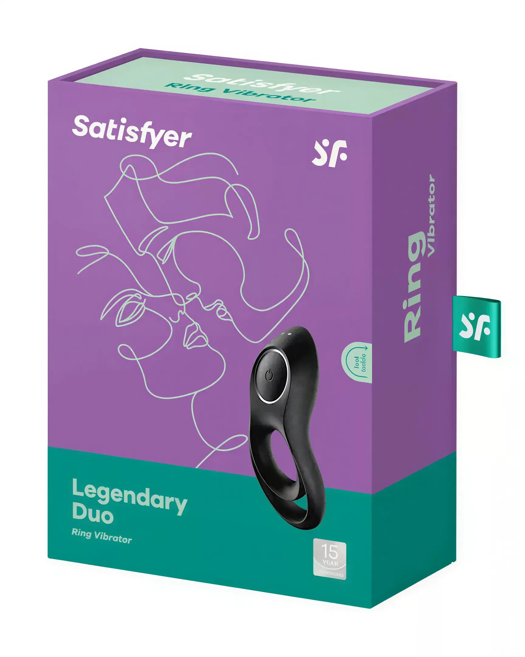 Satisfyer Legendary Duo ring vibrator packaging in purple with black accents and a teal pull tab.
