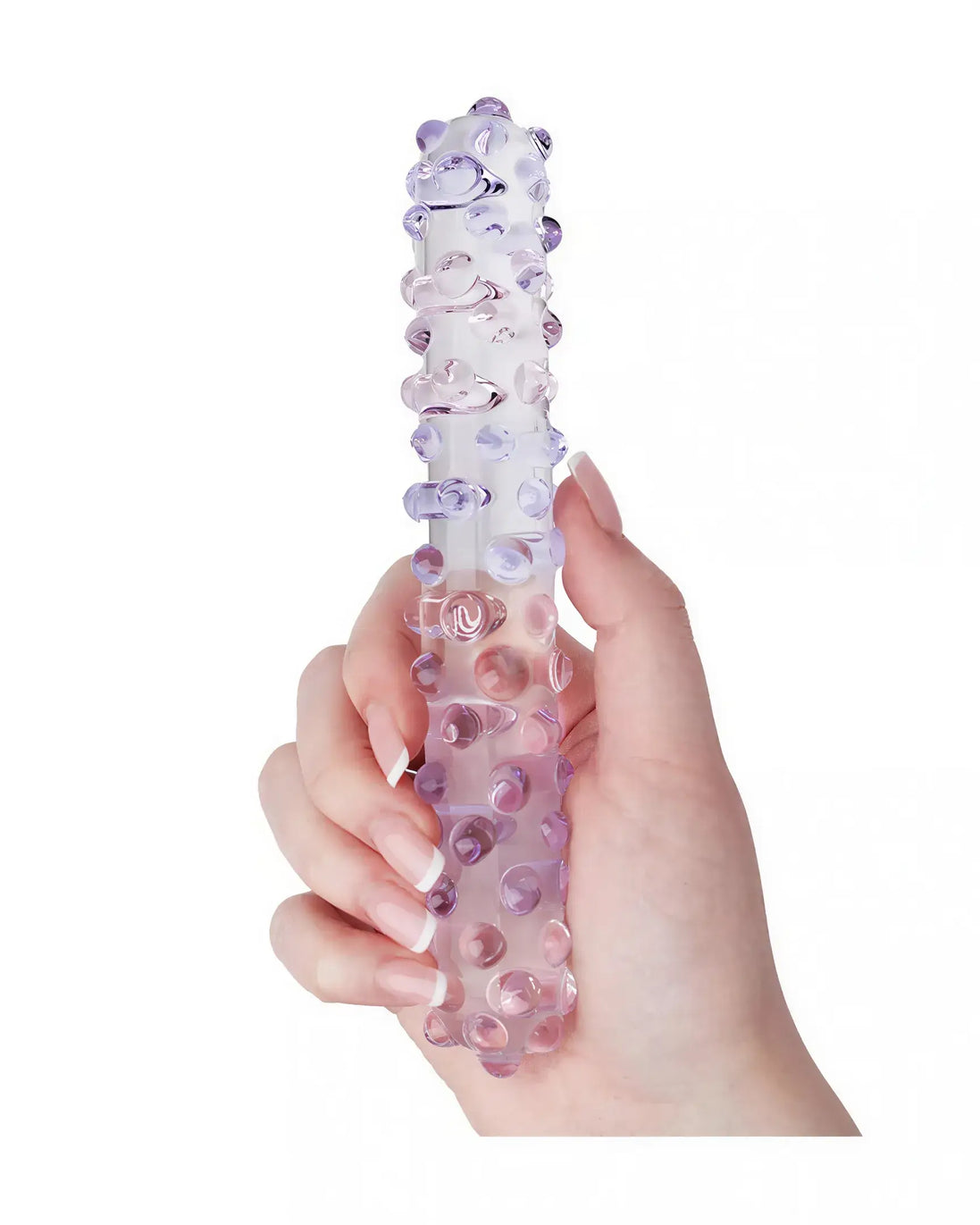 Lucent velour beaded glass massager held in a hand, featuring a clear body with purple and lavender beads.