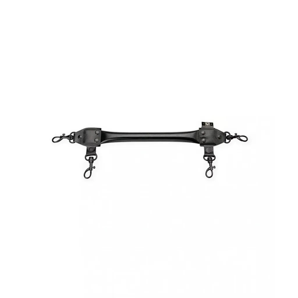 Black luxury leather spreader bar with metal clips on each end, designed for secure attachment.
