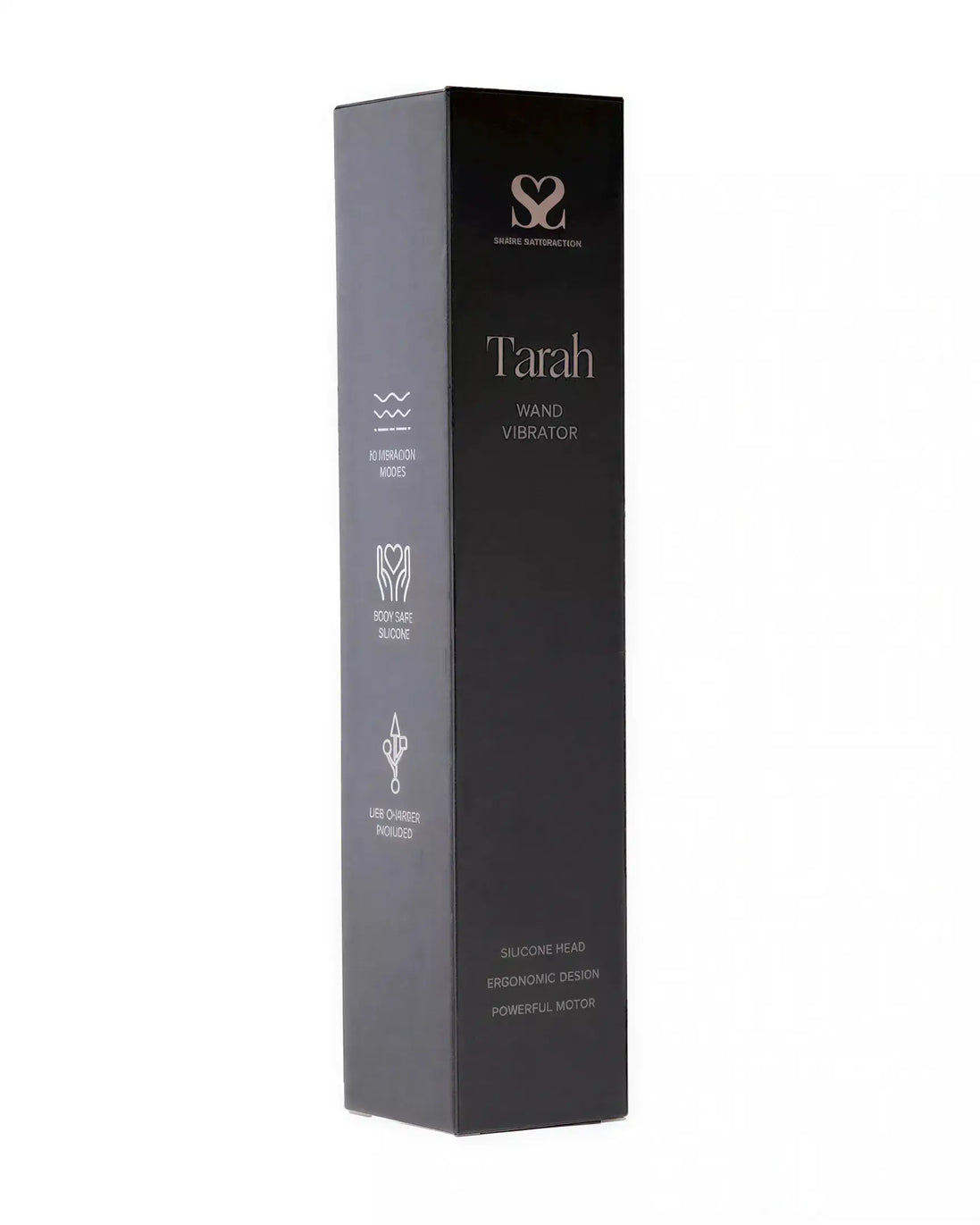 Tarah wand vibrator in a sleek black box, featuring product details and logos on the packaging.