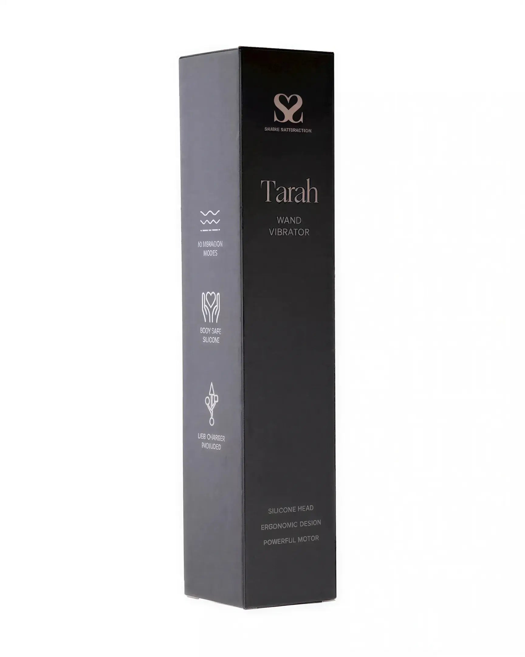 Tarah wand vibrator in a sleek black box, featuring product details and logos on the packaging.