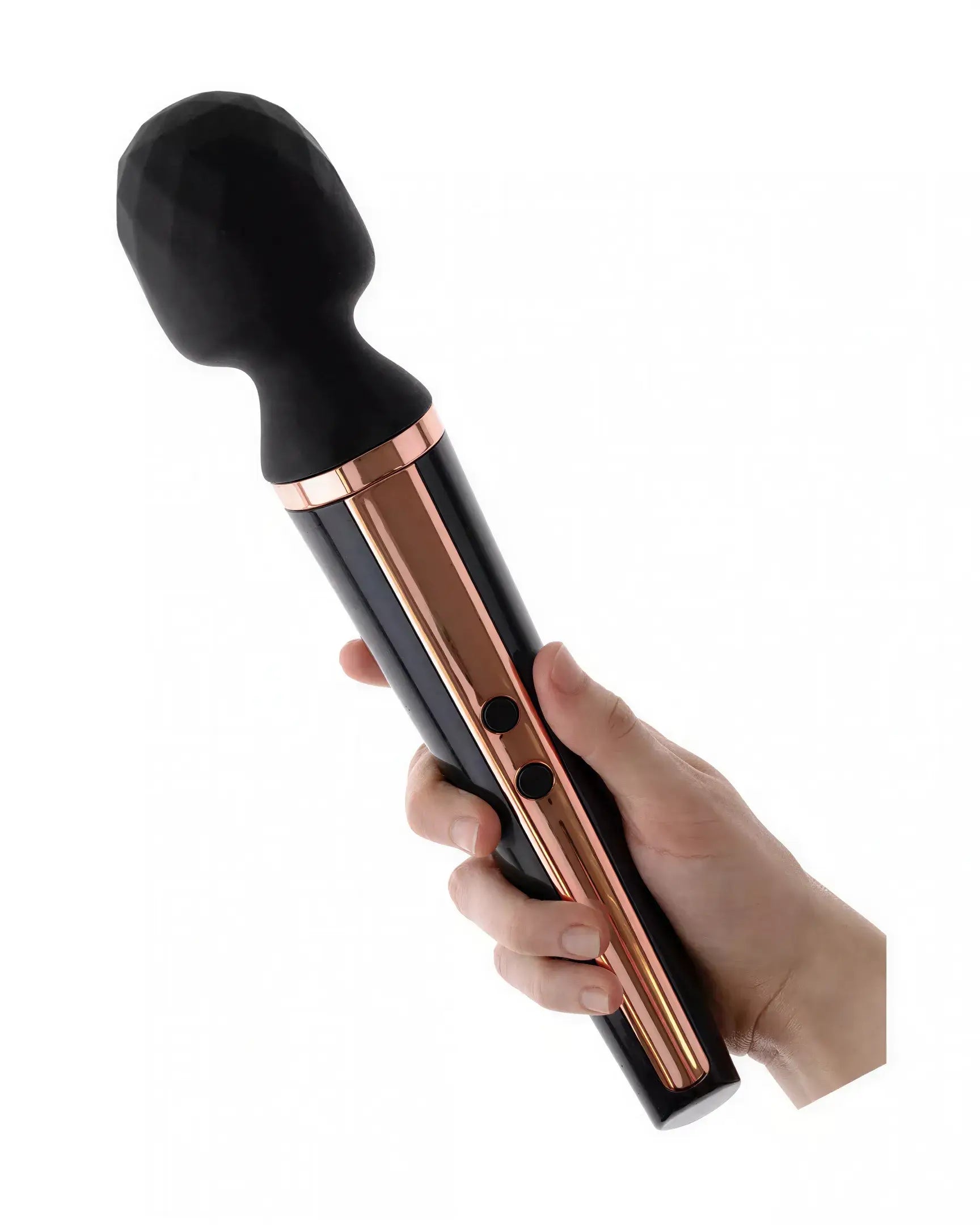 Tarah wand vibrator with a black silicone head and a sleek rose gold handle, held in a hand.