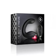 Rocks Off Rude Boy Xtreme prostate vibrator in a black box with a remote control, featuring a sleek design and red accents.