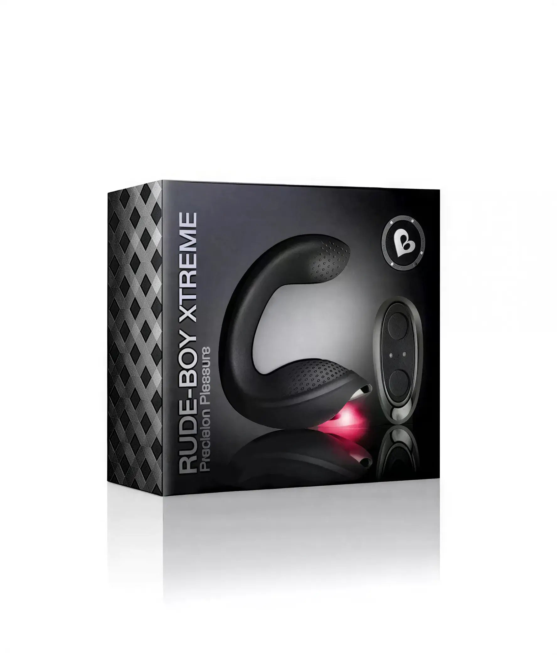 Rocks Off Rude Boy Xtreme prostate vibrator in a black box with a remote control, featuring a sleek design and red accents.
