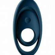 Satisfyer Glorious Duo cockring in dark blue, featuring a smooth design and central opening for comfort.