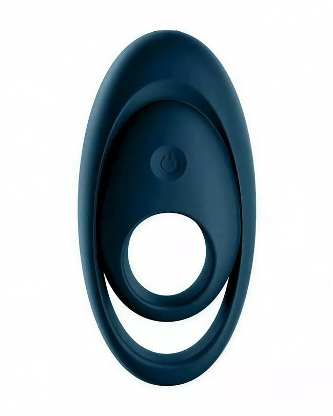 Satisfyer Glorious Duo cockring in dark blue, featuring a smooth design and central opening for comfort.