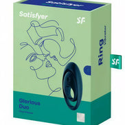 Satisfyer Glorious Duo cockring packaging in green and blue with abstract line art of faces.