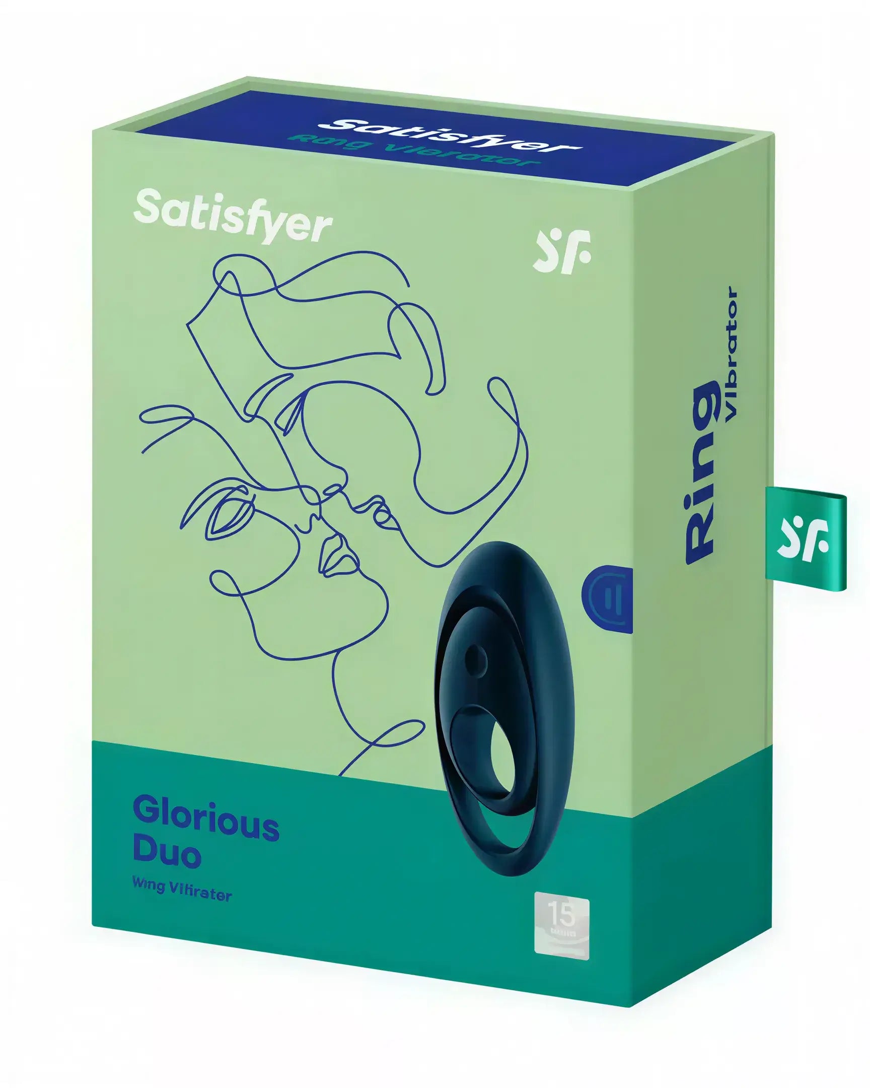 Satisfyer Glorious Duo cockring packaging in green and blue with abstract line art of faces.