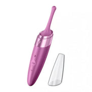 Satisfyer Twirling Delight in pink with a curved tip and clear cover, featuring control buttons on the handle.