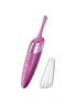 Satisfyer Twirling Delight in pink with a curved tip and clear cover, featuring control buttons on the handle.