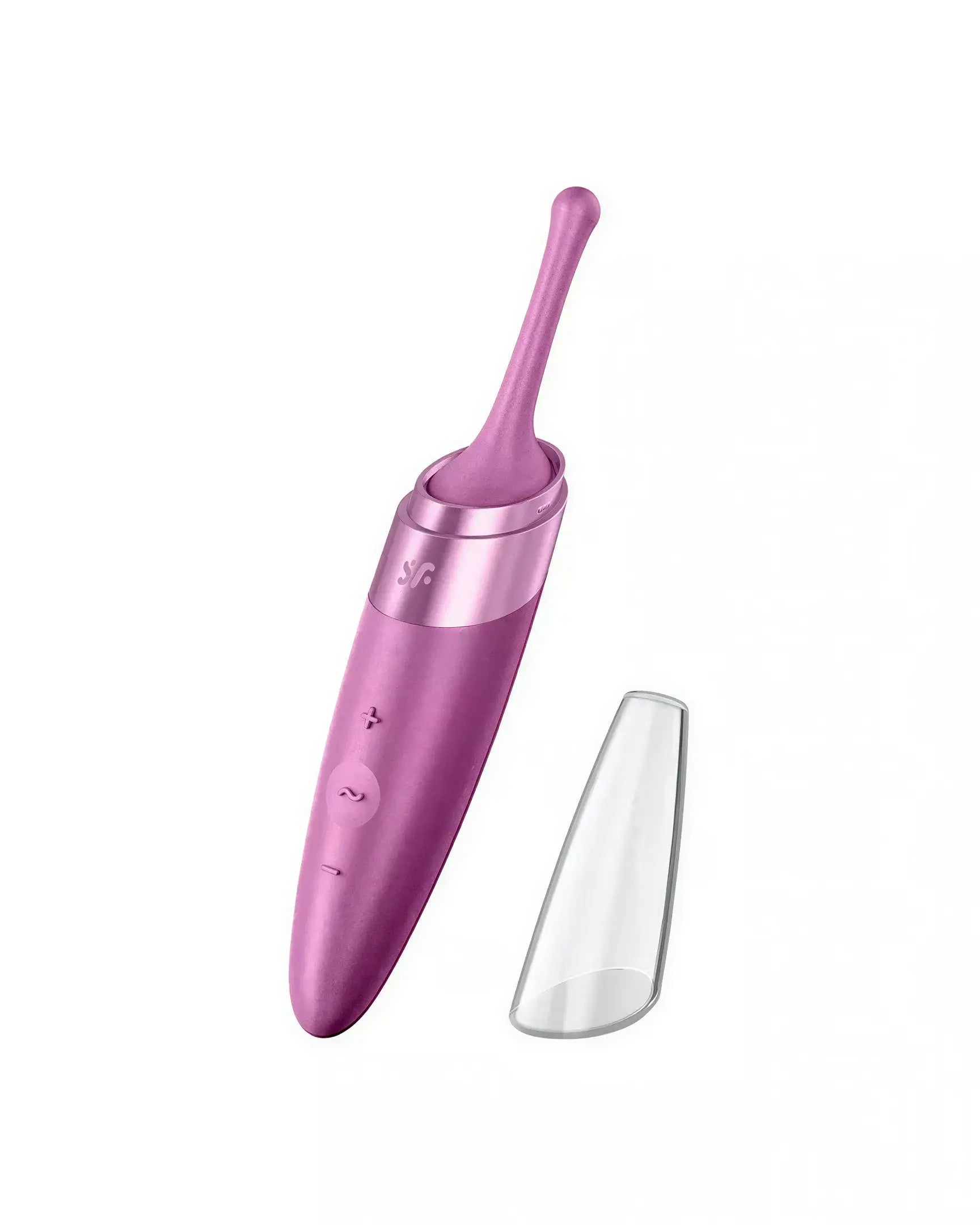 Satisfyer Twirling Delight in pink with a curved tip and clear cover, featuring control buttons on the handle.