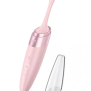 Satisfyer Twirling Delight in pink with a curved tip and transparent cover, designed for intimate pleasure.
