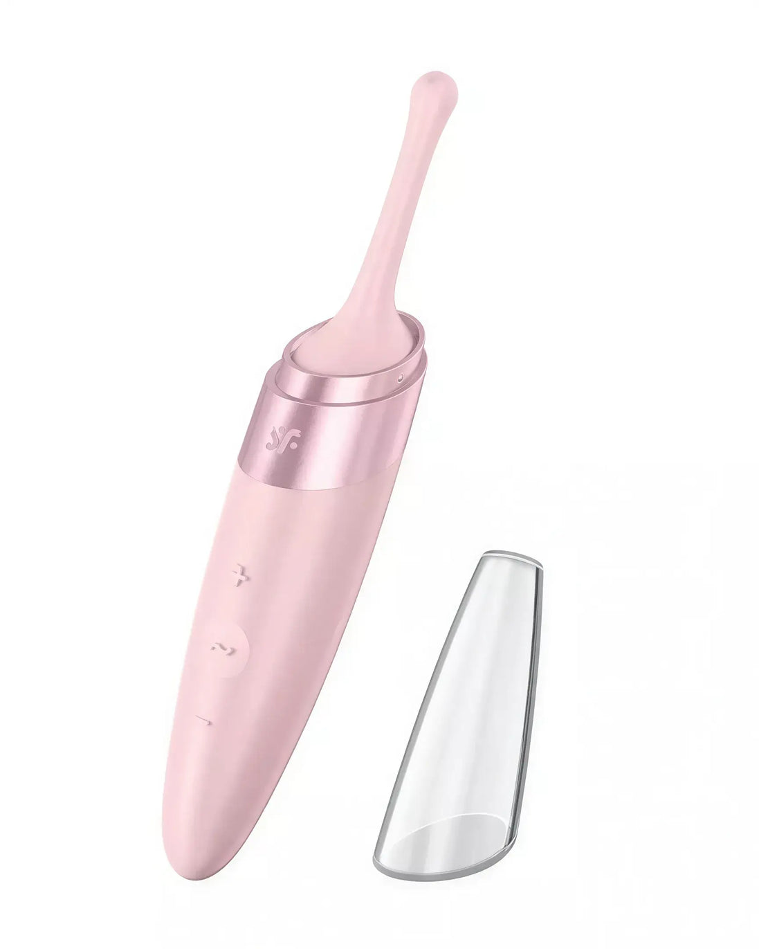Satisfyer Twirling Delight in pink with a curved tip and transparent cover, designed for intimate pleasure.