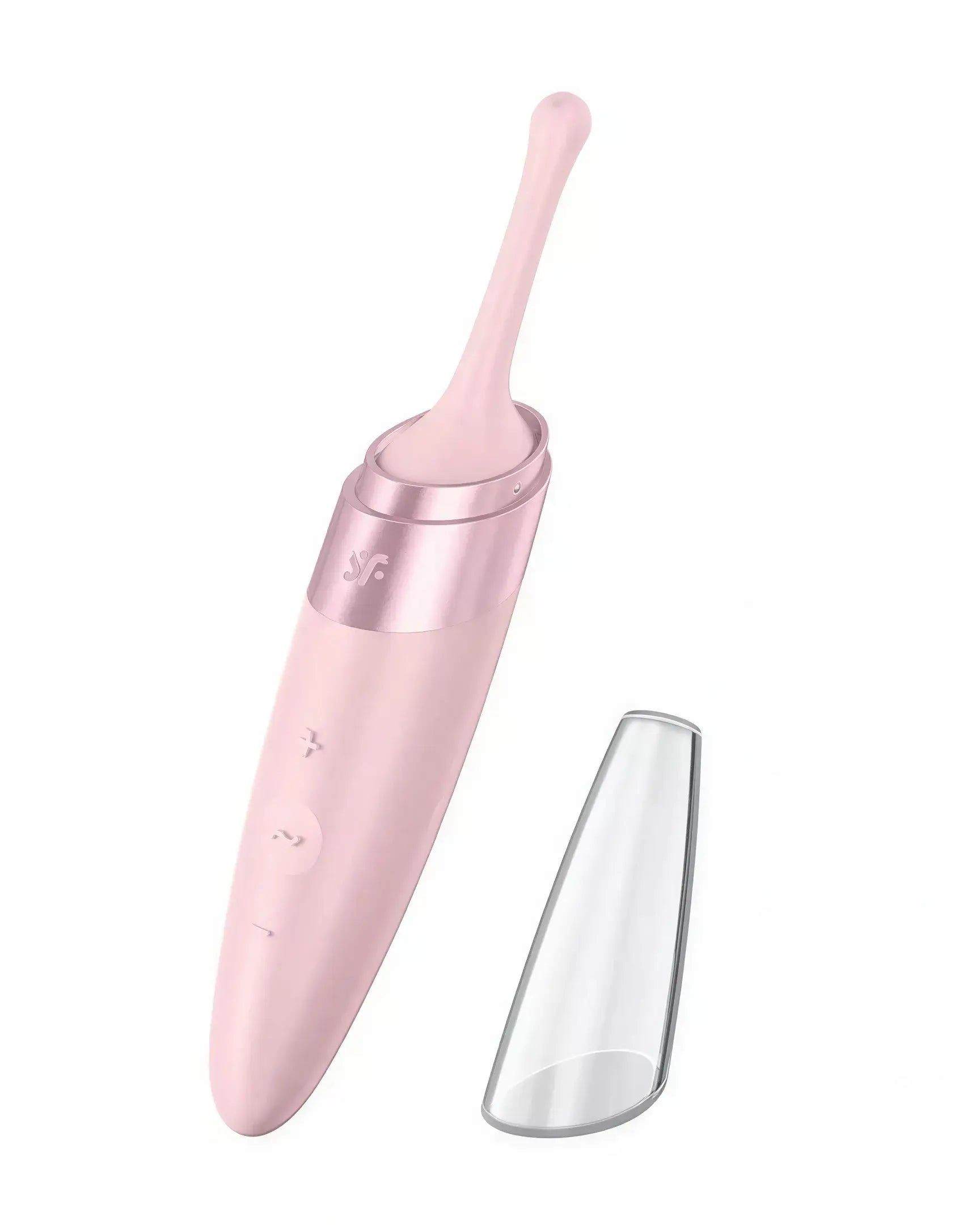 Satisfyer Twirling Delight in pink with a curved tip and transparent cover, designed for intimate pleasure.