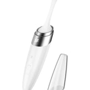Satisfyer Twirling Delight in white with a silver accent, featuring a removable tip and control buttons.