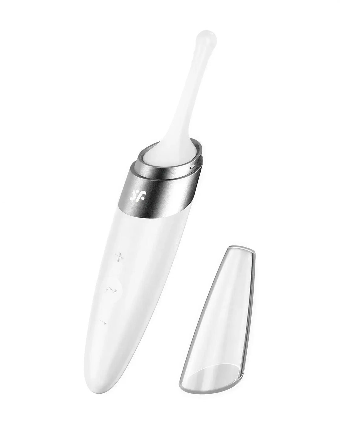 Satisfyer Twirling Delight in white with a silver accent, featuring a removable tip and control buttons.