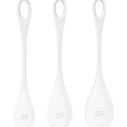 Satisfyer Yoni Power 1, three white silicone tools with elongated handles and rounded tips, designed for intimate use.
