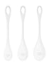 Satisfyer Yoni Power 1, three white silicone tools with elongated handles and rounded tips, designed for intimate use.