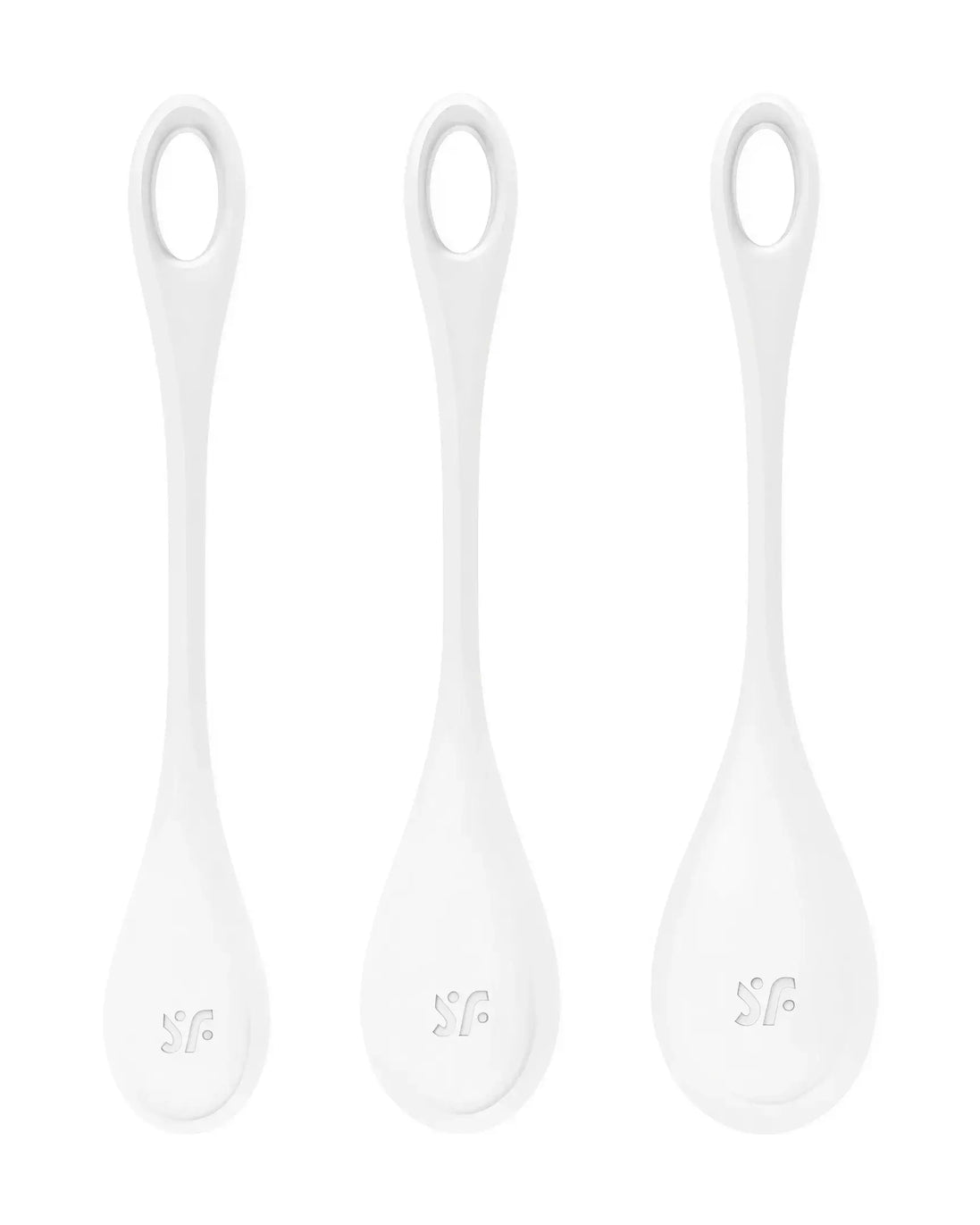 Satisfyer Yoni Power 1, three white silicone tools with elongated handles and rounded tips, designed for intimate use.