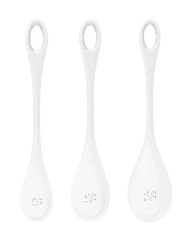 Satisfyer Yoni Power 1, three white silicone tools with elongated handles and rounded tips, designed for intimate use.
