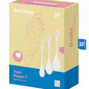 Satisfyer Yoni Power 1 training set with three white kegel balls in a yellow and blue box design.