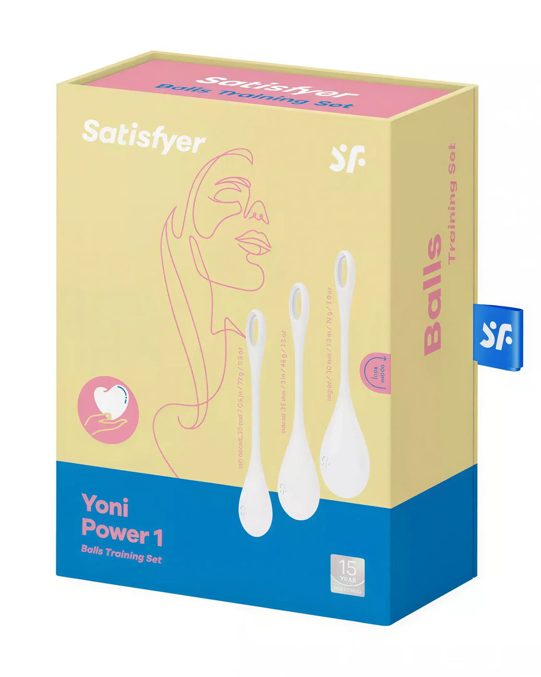 Satisfyer Yoni Power 1 training set with three white kegel balls in a yellow and blue box design.