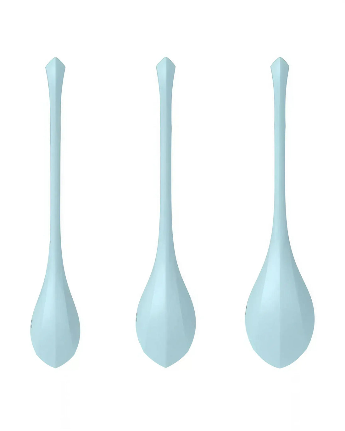 Satisfyer Yoni Power 2 in light blue, featuring a sleek, elongated design with a pointed tip and smooth surface.