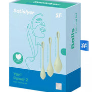 Satisfyer Yoni Power 2 training set in a light blue box with three beige kegel balls displayed on the front.