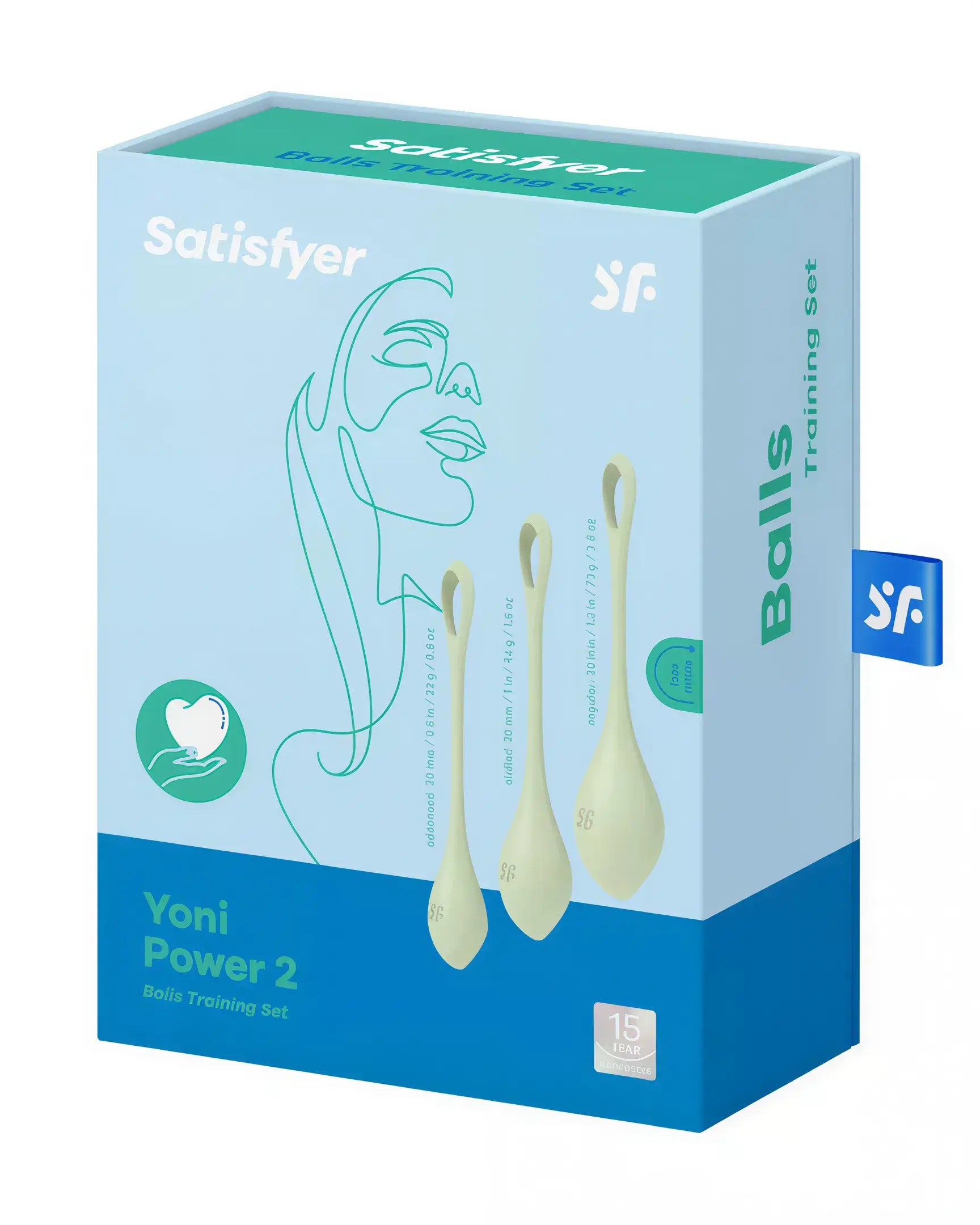 Satisfyer Yoni Power 2 training set in a light blue box with three beige kegel balls displayed on the front.
