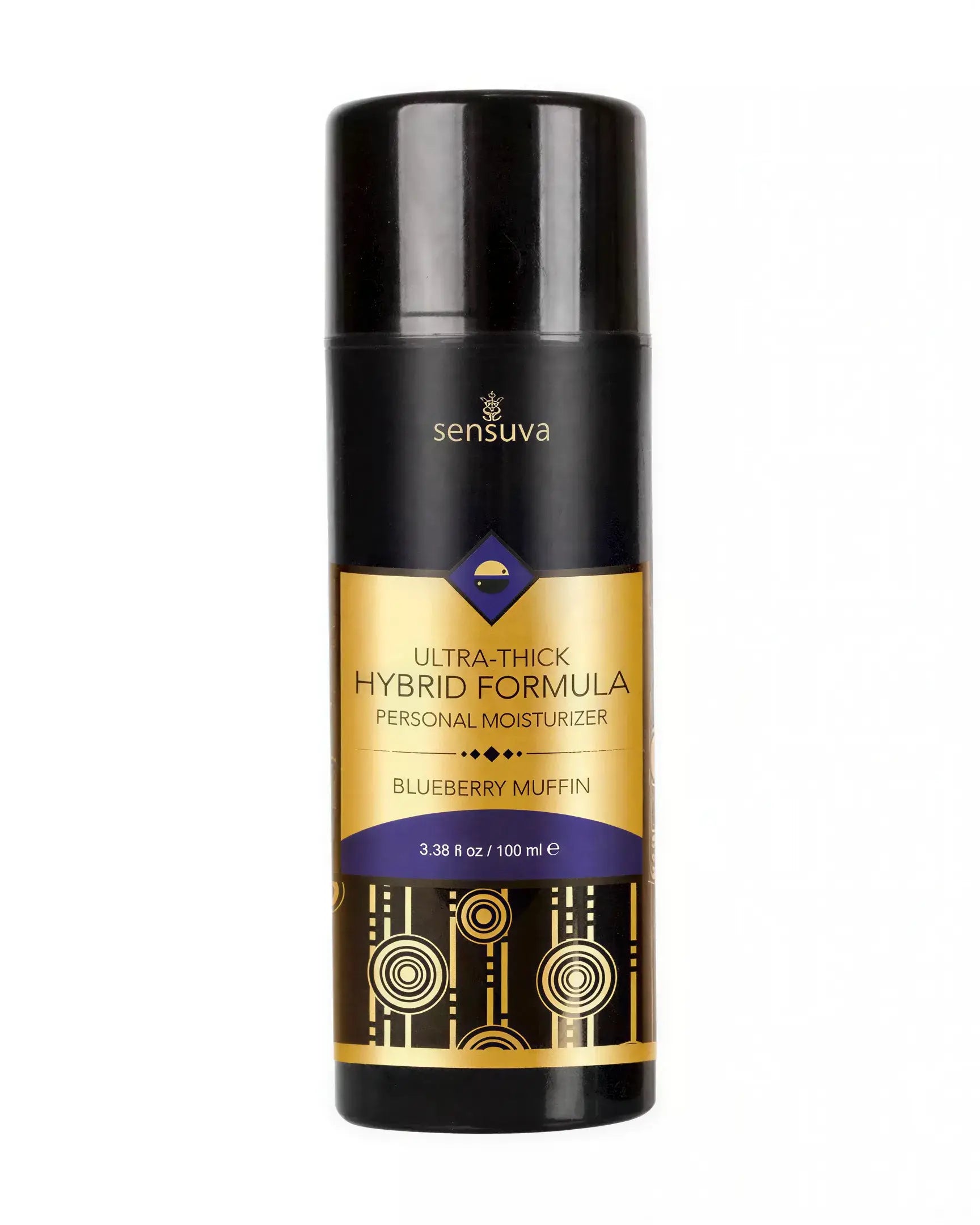 Sensuva Ultra Thick Hybrid Personal Moisturiser in Blueberry Muffin, 100ml bottle with black and gold design.