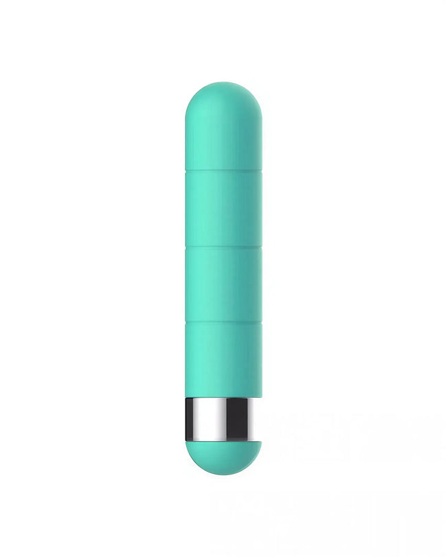 Share Satisfaction Play Bullet Vibrator in teal with a smooth, rounded tip and a metallic base, shown from the side.