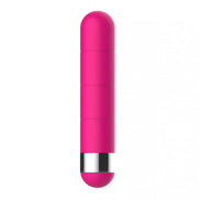 Pink bullet vibrator with a smooth surface and silver base, featuring a tapered tip for targeted stimulation.