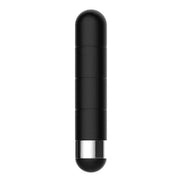 Black bullet vibrator with a smooth surface and silver base, shown in a vertical position.