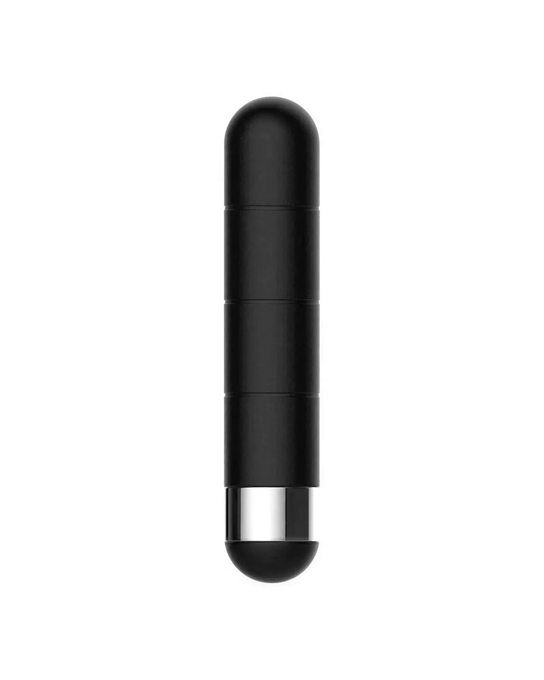 Black bullet vibrator with a smooth surface and silver base, shown in a vertical position.