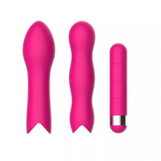 Share Satisfaction Play Bullet Kit featuring three pink vibrators in various shapes and sizes.
