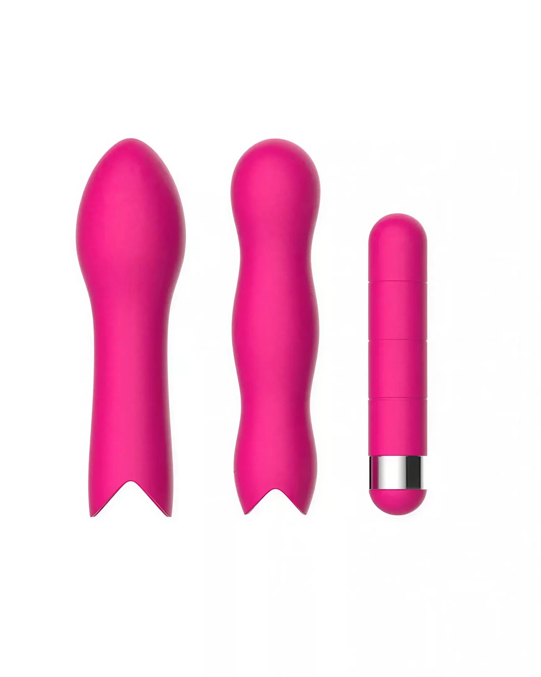 Share Satisfaction Play Bullet Kit featuring three pink vibrators in various shapes and sizes.