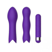 Three purple silicone bullet vibrators in varying shapes and sizes, featuring smooth surfaces and a shiny silver base.