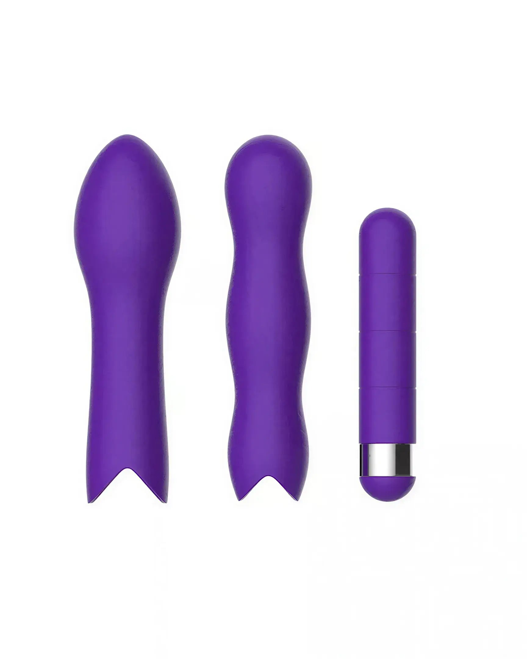 Three purple silicone bullet vibrators in varying shapes and sizes, featuring smooth surfaces and a shiny silver base.