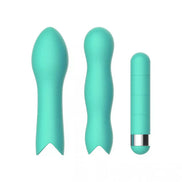 Share Satisfaction Play Bullet Kit featuring three teal silicone vibrators in various shapes and sizes.